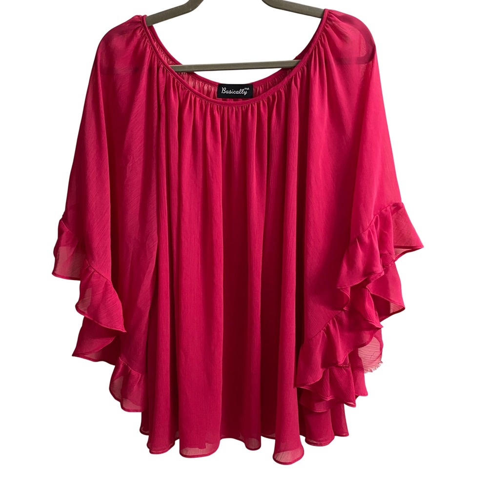 Basically‎ Me Hot Pink Chiffon Ruffle Sleeve Poncho Top BMT-192 One Size USA
